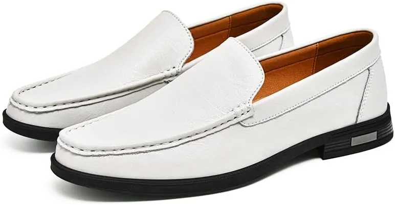 Mens Casual Leather Loafers, Slip-On Dress Boat Shoes, Blue, Black, White, Gray
