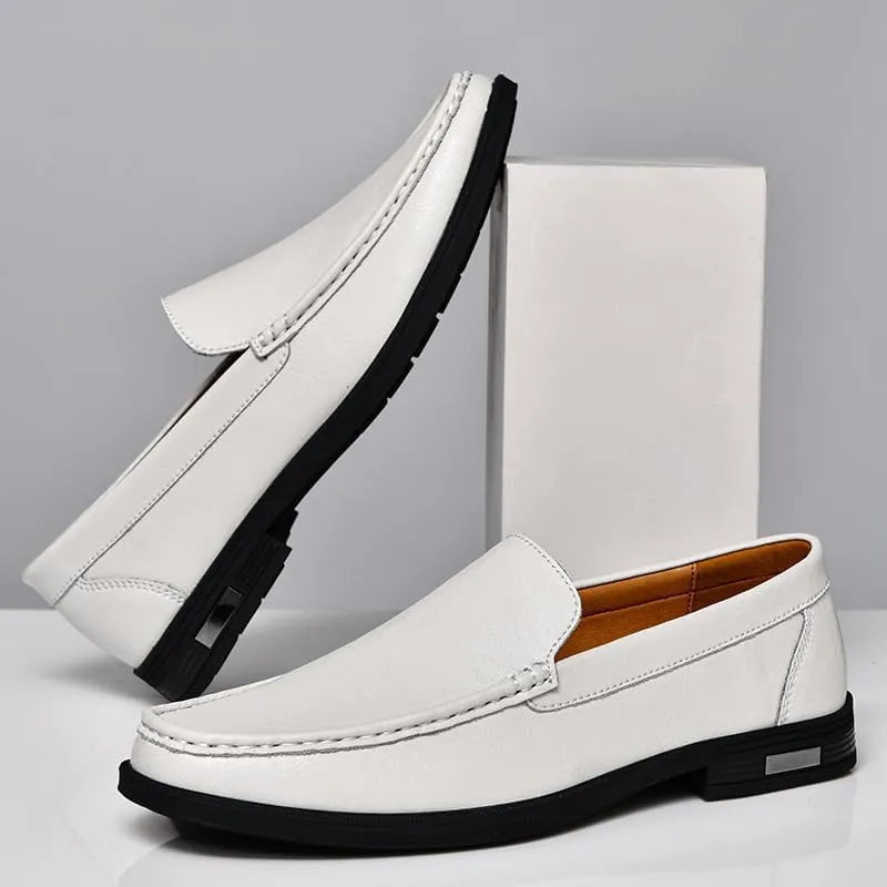 Mens Casual Leather Loafers, Slip-On Dress Boat Shoes, Blue, Black, White, Gray