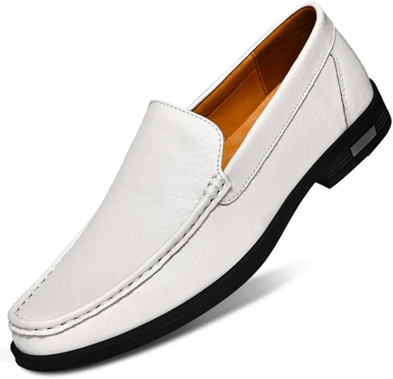 Mens Casual Leather Loafers, Slip-On Dress Boat Shoes, Blue, Black, White, Gray