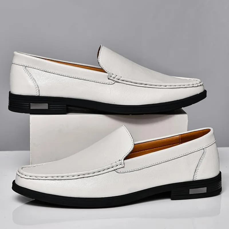 Mens Casual Leather Loafers, Slip-On Dress Boat Shoes, Blue, Black, White, Gray
