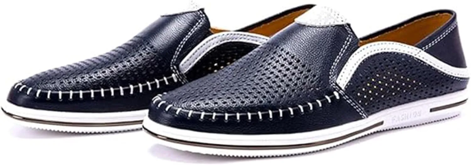 Men's Genuine Leather Loafers Slip-On Breathable Perforated Casual Summer Walking Driving Shoes