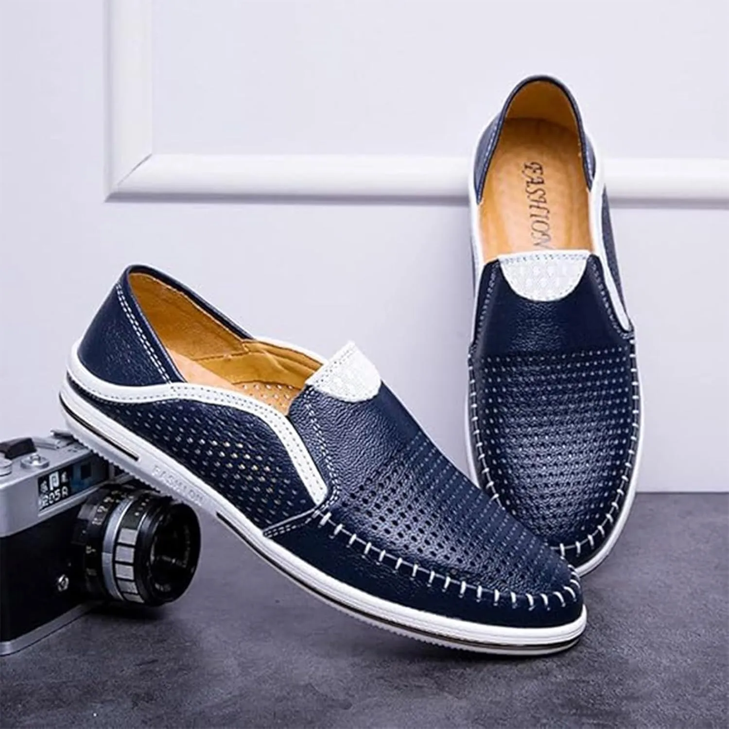 Men's Genuine Leather Loafers Slip-On Breathable Perforated Casual Summer Walking Driving Shoes