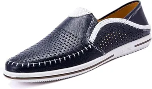 Men's Genuine Leather Loafers Slip-On Breathable Perforated Casual Summer Walking Driving Shoes