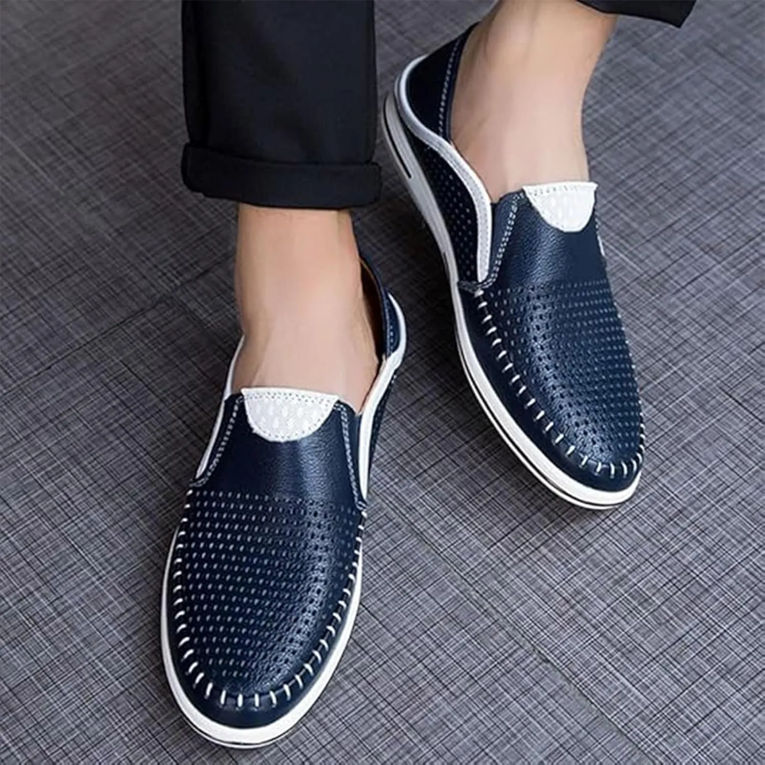 Men's Genuine Leather Loafers Slip-On Breathable Perforated Casual Summer Walking Driving Shoes