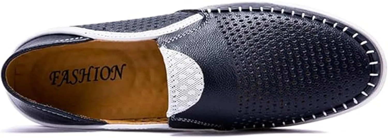 Men's Genuine Leather Loafers Slip-On Breathable Perforated Casual Summer Walking Driving Shoes