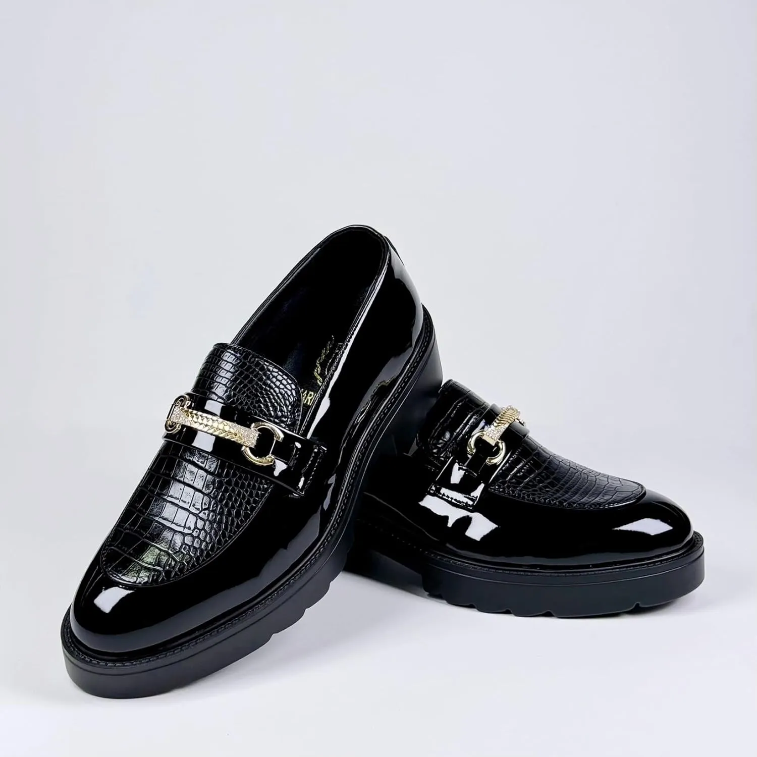 Men's Leather Dress Shoes Fashion Slip-On Round Anti-Slip Mid Chunky Heels Formal Dress