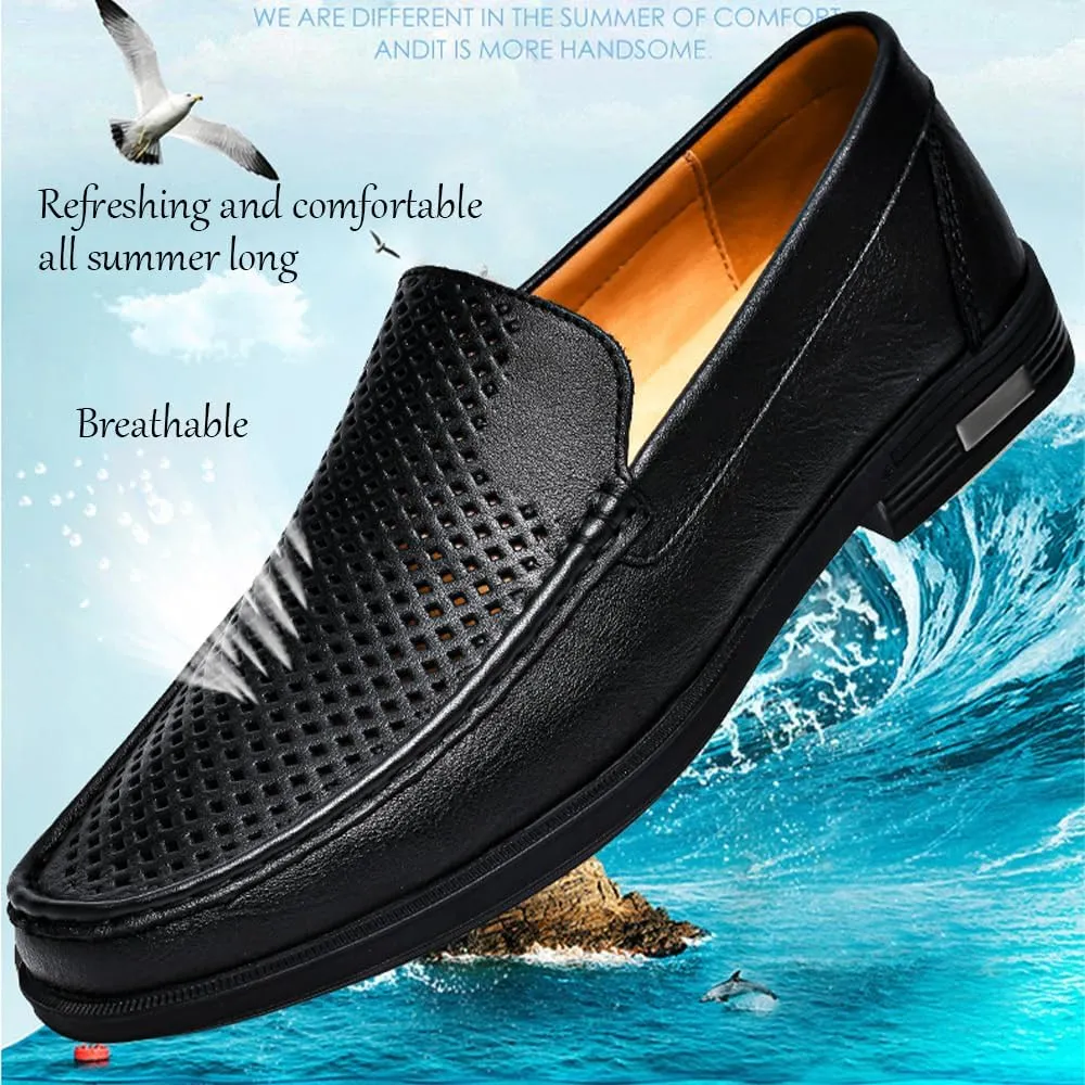 Men's Loafers Slip-On Dress Shoes – Men's Genuine Leather Business Casual Shoes,Hollow and Breathable Comfortable,Suitable for Work,Office Or Daily Wear