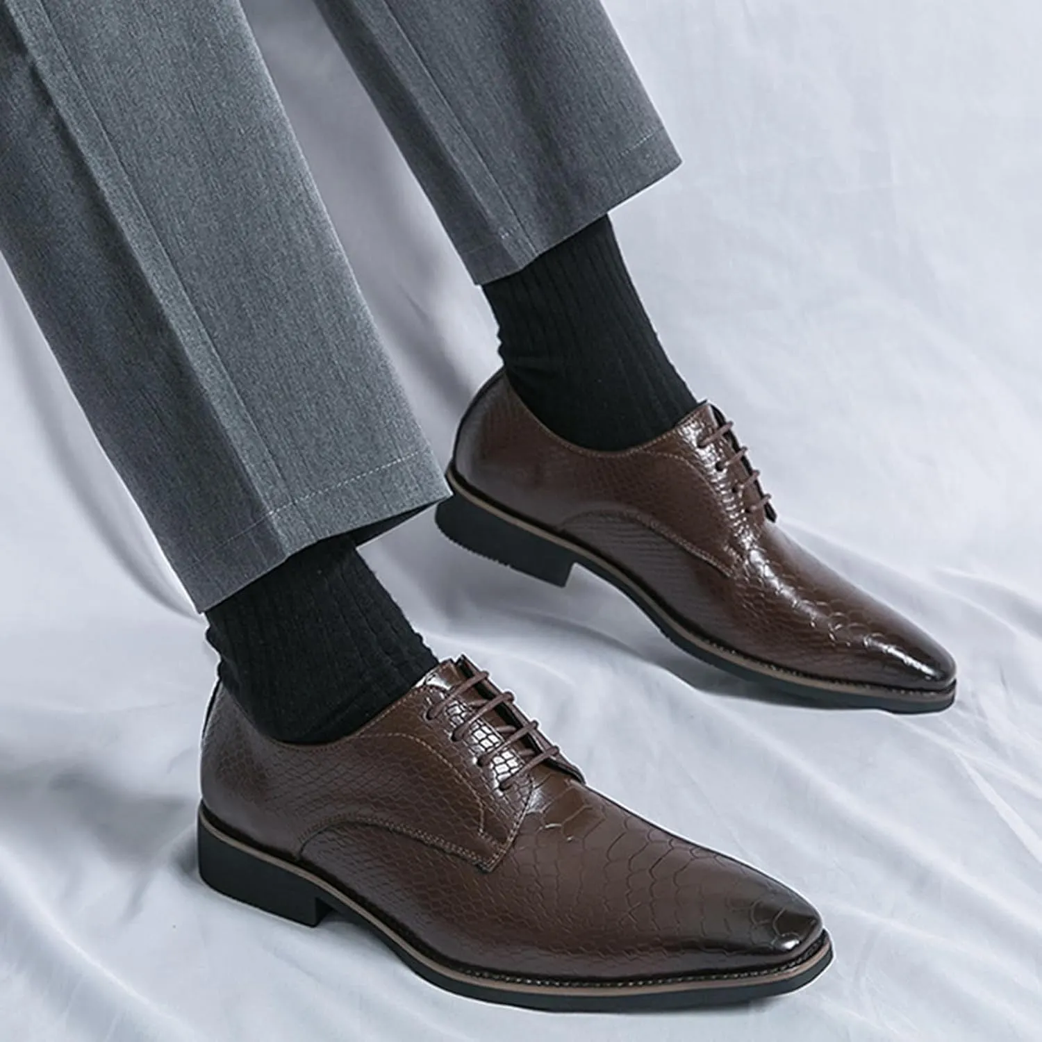 Men's Pattern Oxfords Dress Shoes Fashion Square-Toe Lace up Low Top Leather Formal Shoes Classic Business Derby Shoes