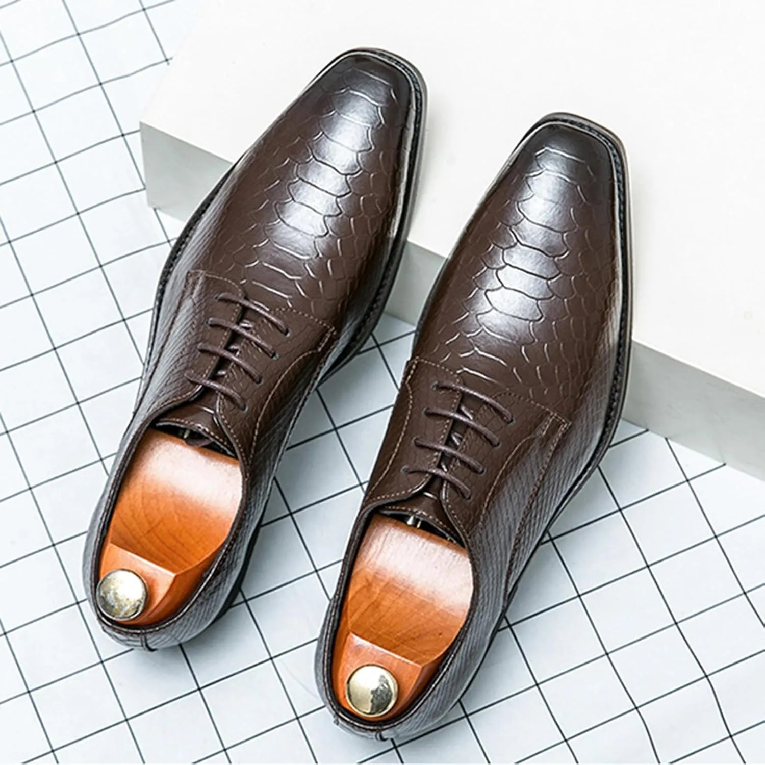 Men's Pattern Oxfords Dress Shoes Fashion Square-Toe Lace up Low Top Leather Formal Shoes Classic Business Derby Shoes