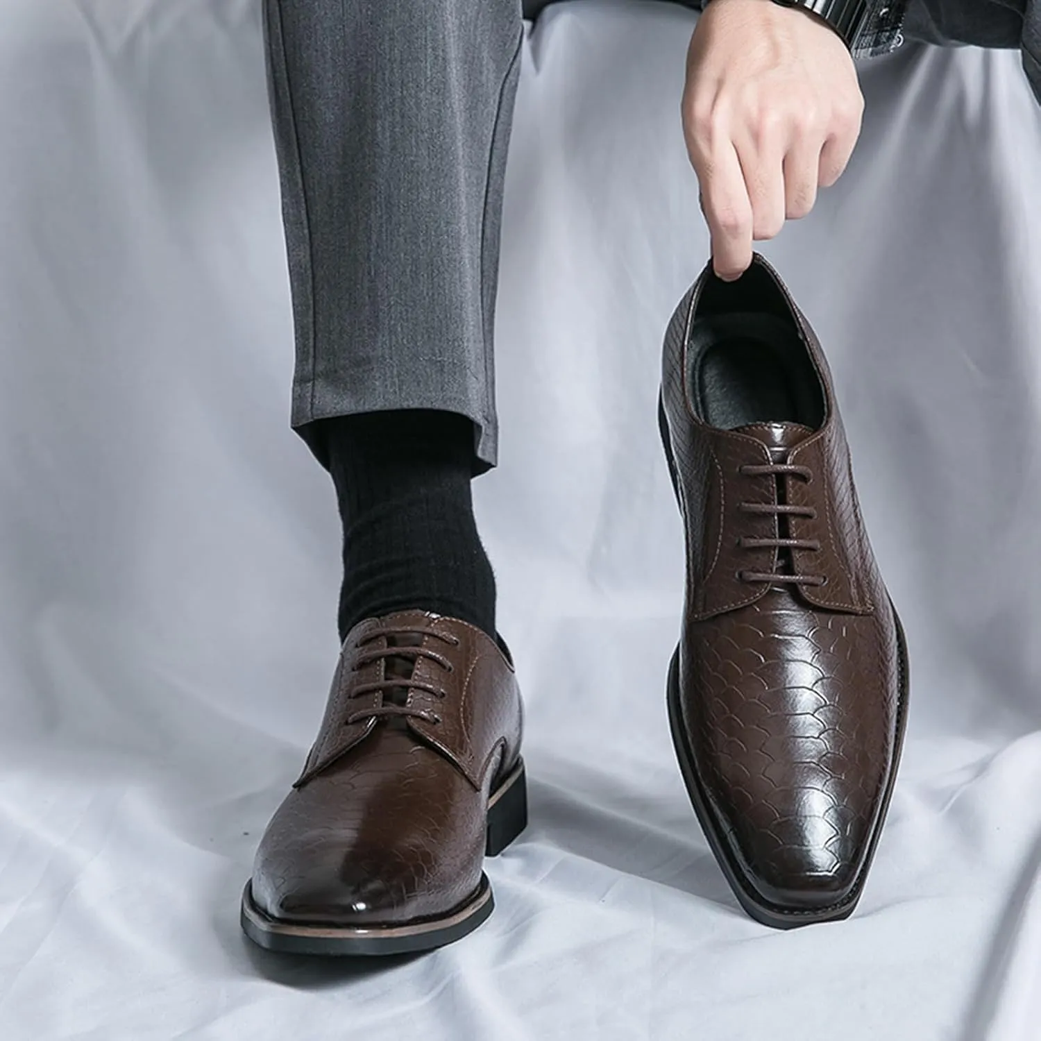 Men's Pattern Oxfords Dress Shoes Fashion Square-Toe Lace up Low Top Leather Formal Shoes Classic Business Derby Shoes
