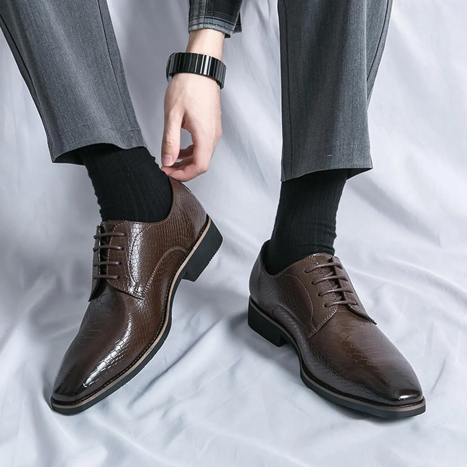 Men's Pattern Oxfords Dress Shoes Fashion Square-Toe Lace up Low Top Leather Formal Shoes Classic Business Derby Shoes