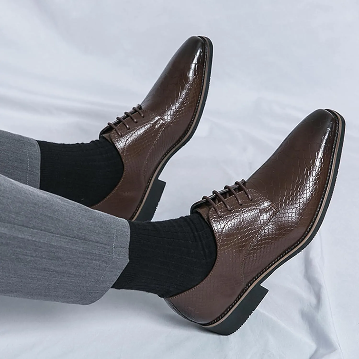 Men's Pattern Oxfords Dress Shoes Fashion Square-Toe Lace up Low Top Leather Formal Shoes Classic Business Derby Shoes