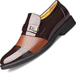 Men's Printing Pointed-Toe Patent Leather Derby Oxford Shoes, Classic Round Toe Soft Bottom Slip-On Business Work Loafers Plus Size Casual Business Low Top Pointed Toe Breathable Suit Shoes