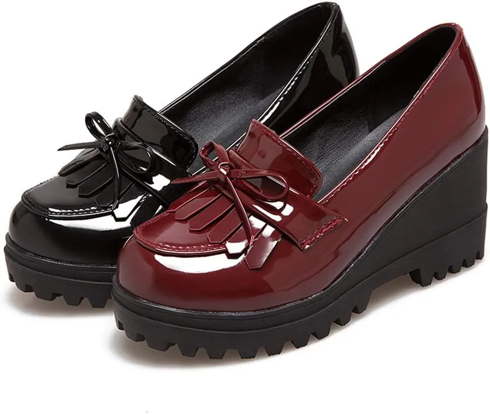 MIOKE Women's Platform Tassel Oxford Shoes Slip On Comfortable Chunky High Heel Fringed Dress Wedge Shoe