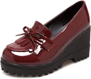 MIOKE Women's Platform Tassel Oxford Shoes Slip On Comfortable Chunky High Heel Fringed Dress Wedge Shoe