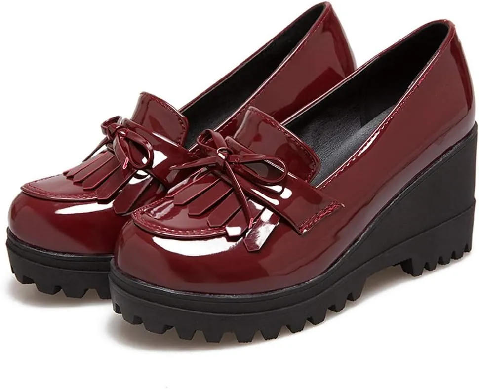 MIOKE Women's Platform Tassel Oxford Shoes Slip On Comfortable Chunky High Heel Fringed Dress Wedge Shoe