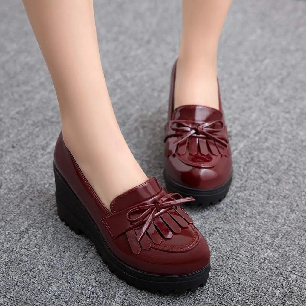 MIOKE Women's Platform Tassel Oxford Shoes Slip On Comfortable Chunky High Heel Fringed Dress Wedge Shoe