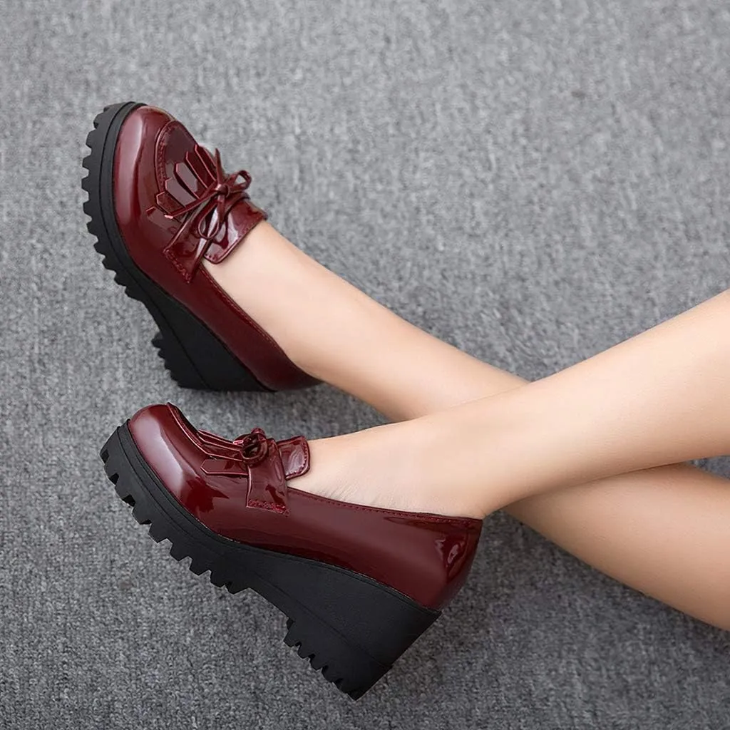 MIOKE Women's Platform Tassel Oxford Shoes Slip On Comfortable Chunky High Heel Fringed Dress Wedge Shoe