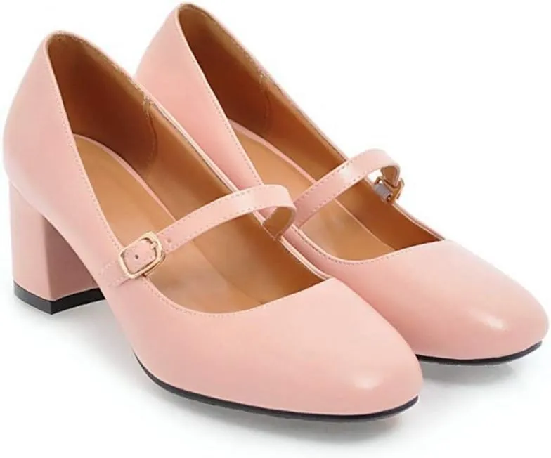 MIOKE Women's Square Toe Mary Jane Pump Oxford Leather Buckle Strap Chunky Block Mid Heel Retro Dress Shoes