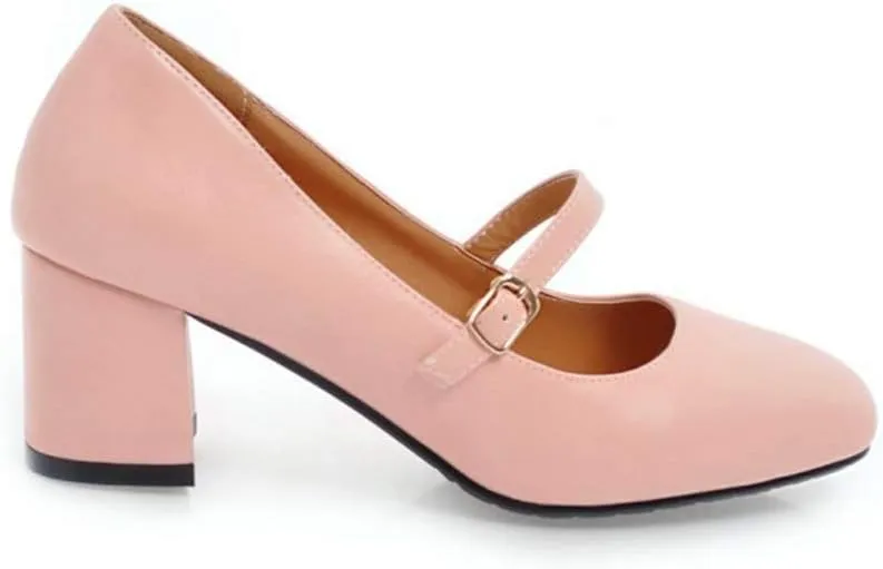 MIOKE Women's Square Toe Mary Jane Pump Oxford Leather Buckle Strap Chunky Block Mid Heel Retro Dress Shoes