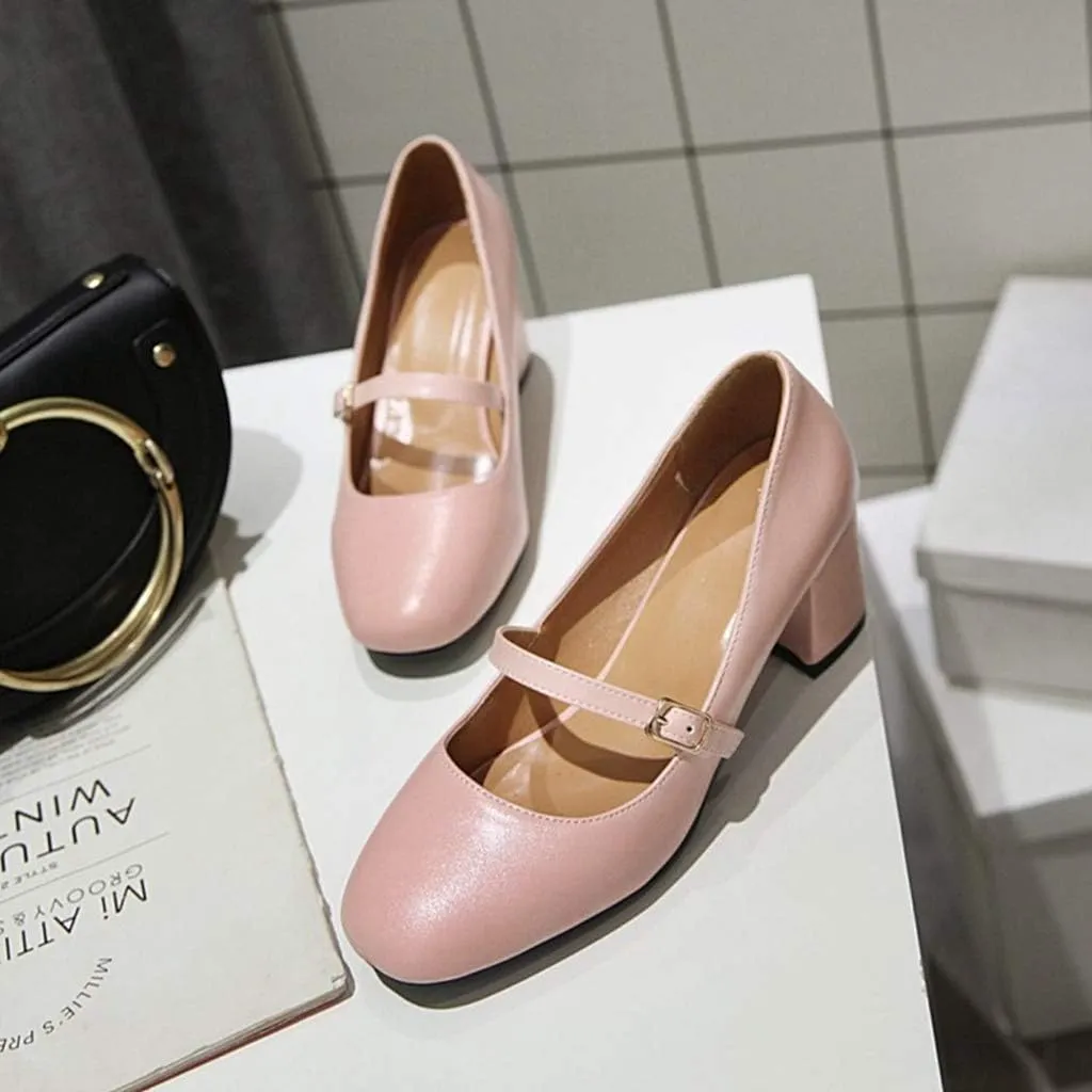 MIOKE Women's Square Toe Mary Jane Pump Oxford Leather Buckle Strap Chunky Block Mid Heel Retro Dress Shoes