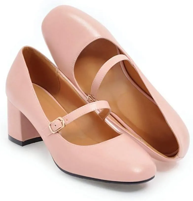 MIOKE Women's Square Toe Mary Jane Pump Oxford Leather Buckle Strap Chunky Block Mid Heel Retro Dress Shoes
