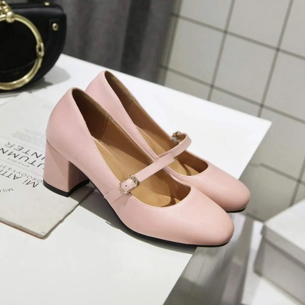 MIOKE Women's Square Toe Mary Jane Pump Oxford Leather Buckle Strap Chunky Block Mid Heel Retro Dress Shoes