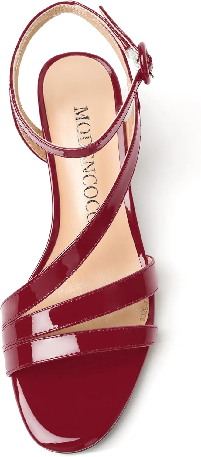 MODENCOCO Womens Ankle Strap Strappy Stylish Buckle Fashion Open Toe Dating Patent Kitten Low Heel Heeled Sandals 2 Inch