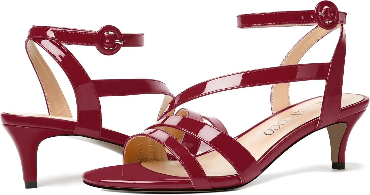 MODENCOCO Womens Ankle Strap Strappy Stylish Buckle Fashion Open Toe Dating Patent Kitten Low Heel Heeled Sandals 2 Inch