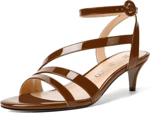 MODENCOCO Womens Ankle Strap Strappy Stylish Buckle Fashion Open Toe Dating Patent Kitten Low Heel Heeled Sandals 2 Inch