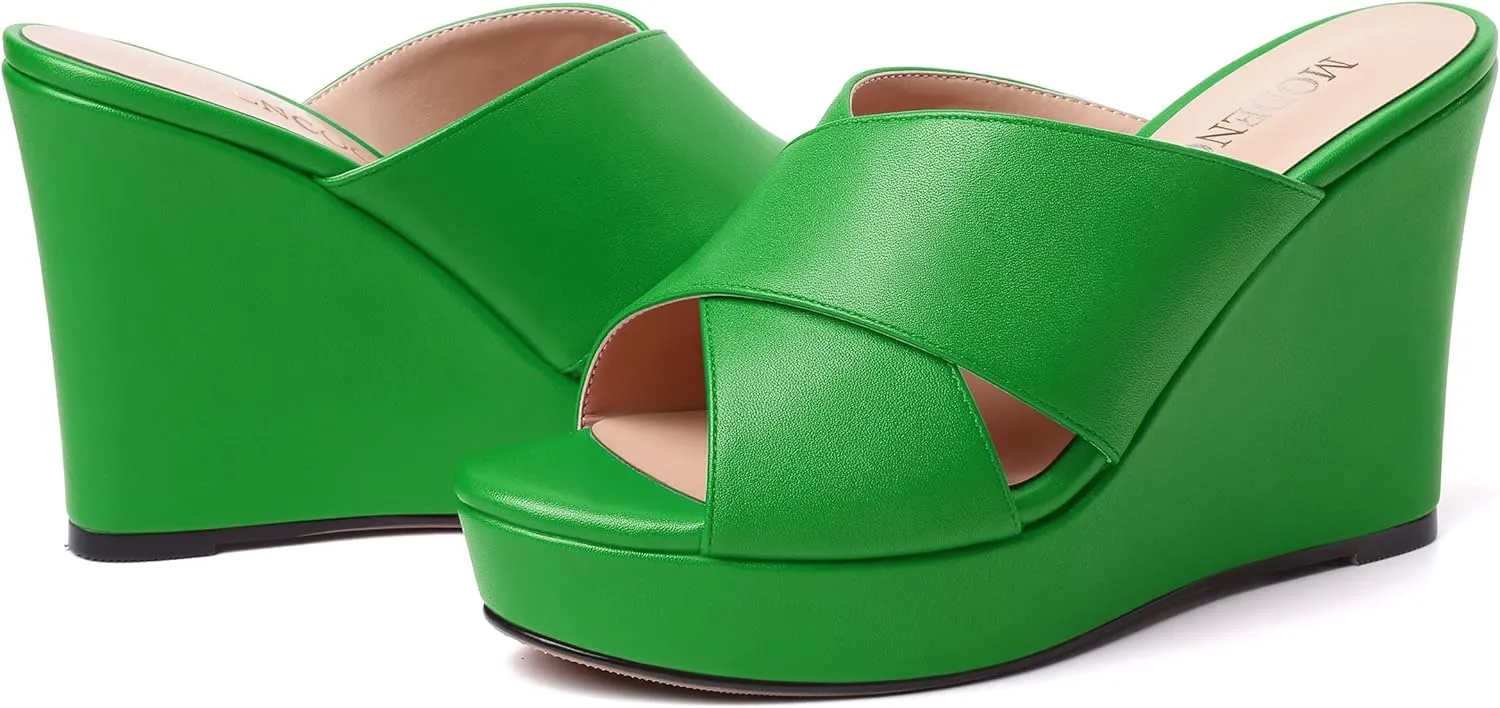 MODENCOCO Womens Open Toe Fashion Matte Slip On Platform Casual Wedge High Heel Heeled Dressy Sandals 4 Inch