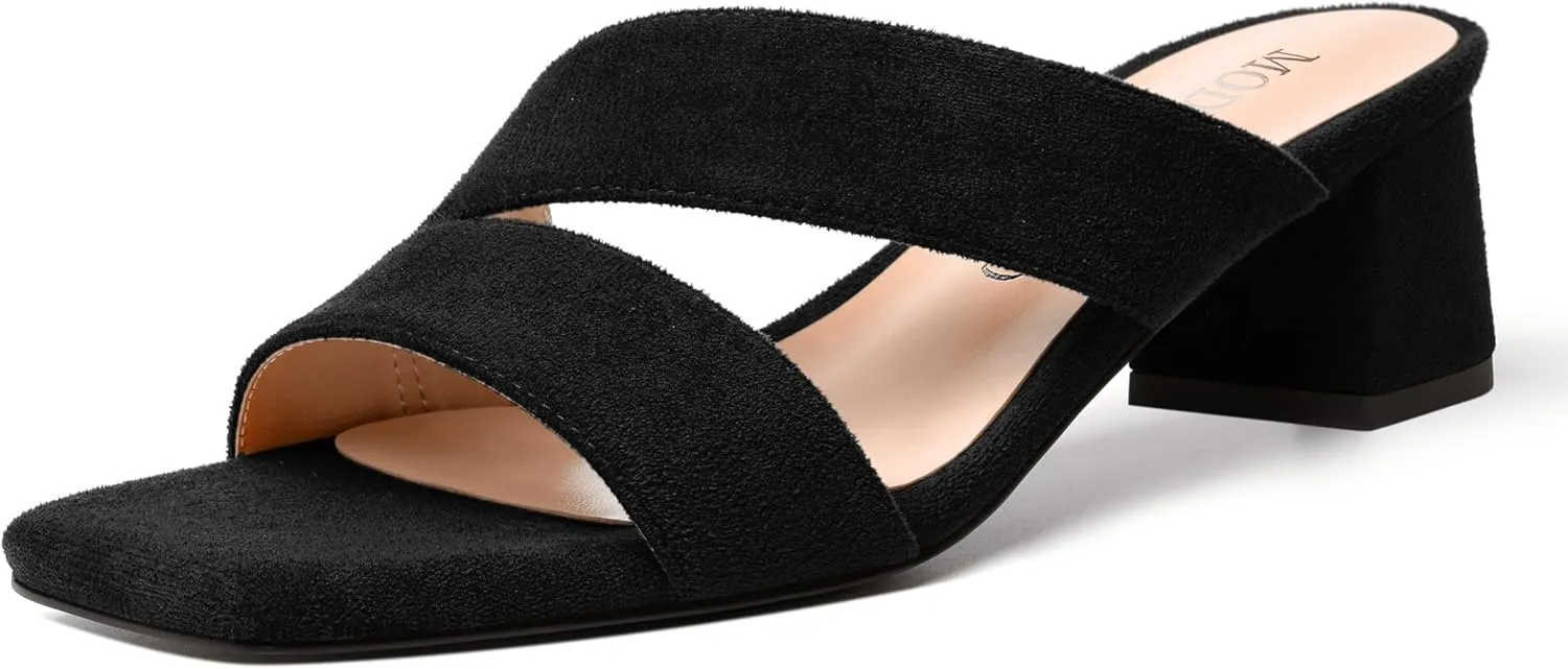 MODENCOCO Womens Open Toe Slip On Dating Fashion Suede Stylish Chunky Low Heel Heeled Sandals 2 Inch