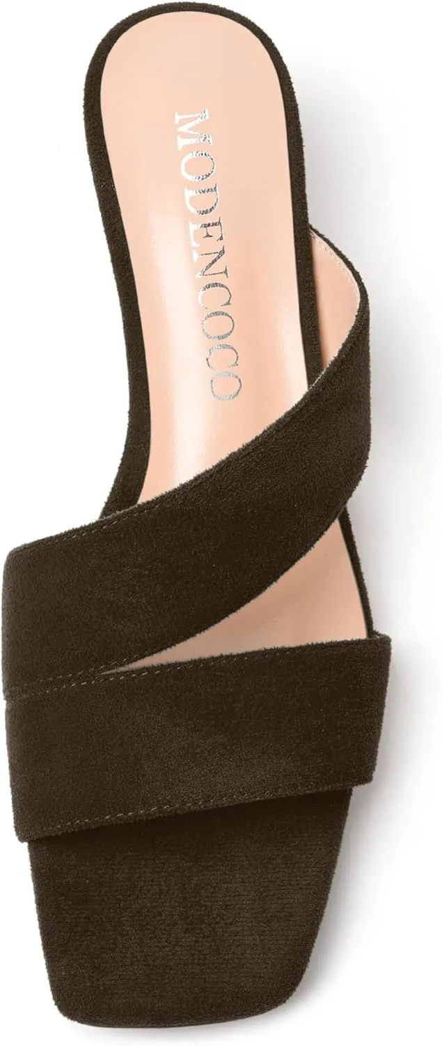 MODENCOCO Womens Open Toe Slip On Dating Fashion Suede Stylish Chunky Low Heel Heeled Sandals 2 Inch