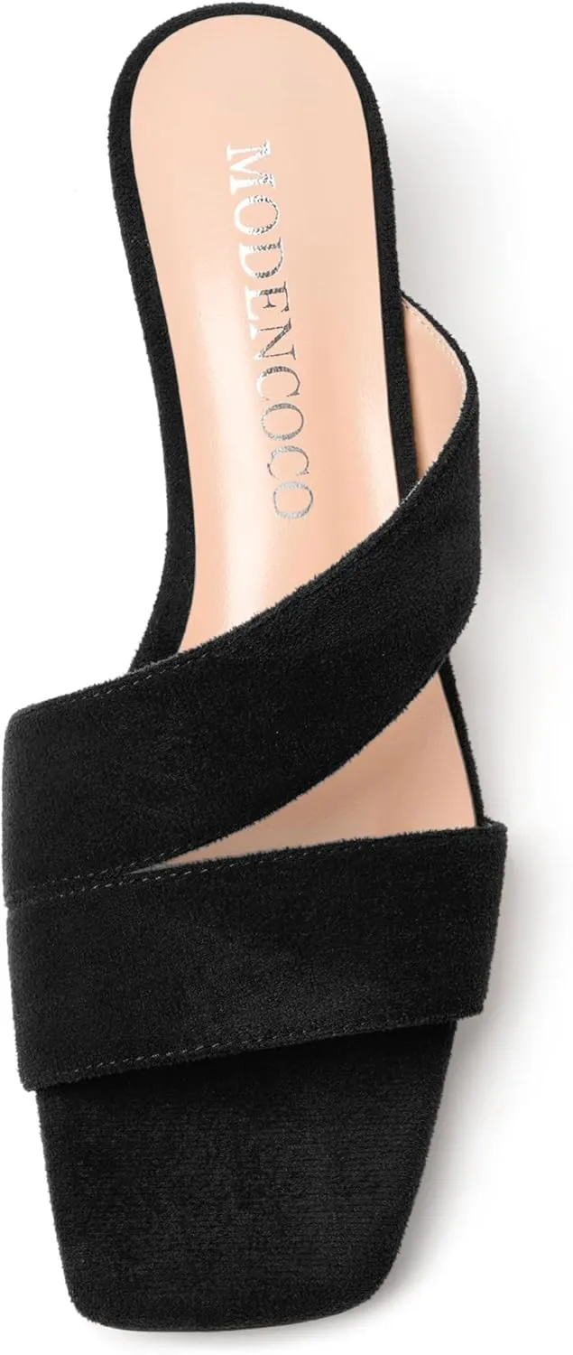 MODENCOCO Womens Open Toe Slip On Dating Fashion Suede Stylish Chunky Low Heel Heeled Sandals 2 Inch
