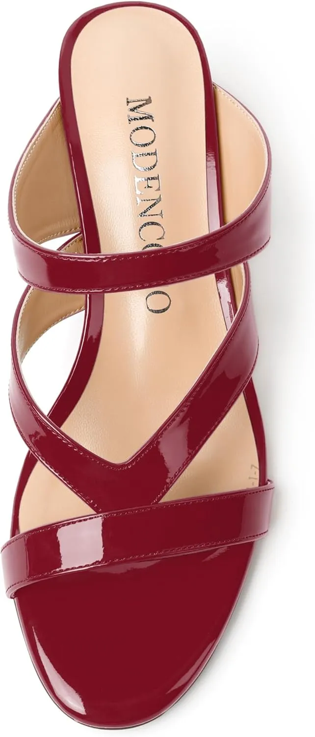 MODENCOCO Womens Patent Party Open Toe Stylish Casual Strappy Slip On Kitten Low Heel Heeled Sandals 2 Inch