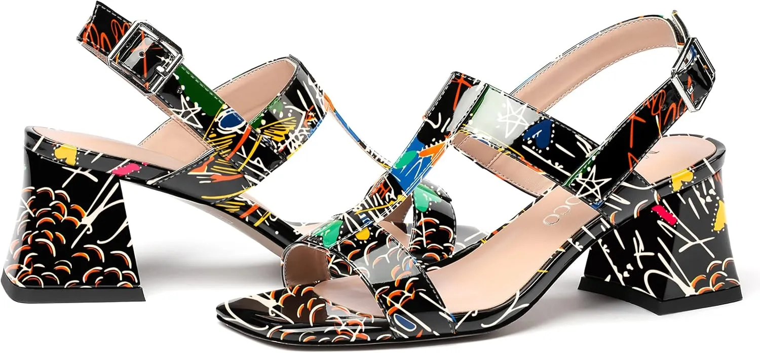 MODENCOCO Women's Strap Buckle Patent Slingback Dating Fashion Square Toe Chunky Low Heel Heeled Sandals 2 Inch