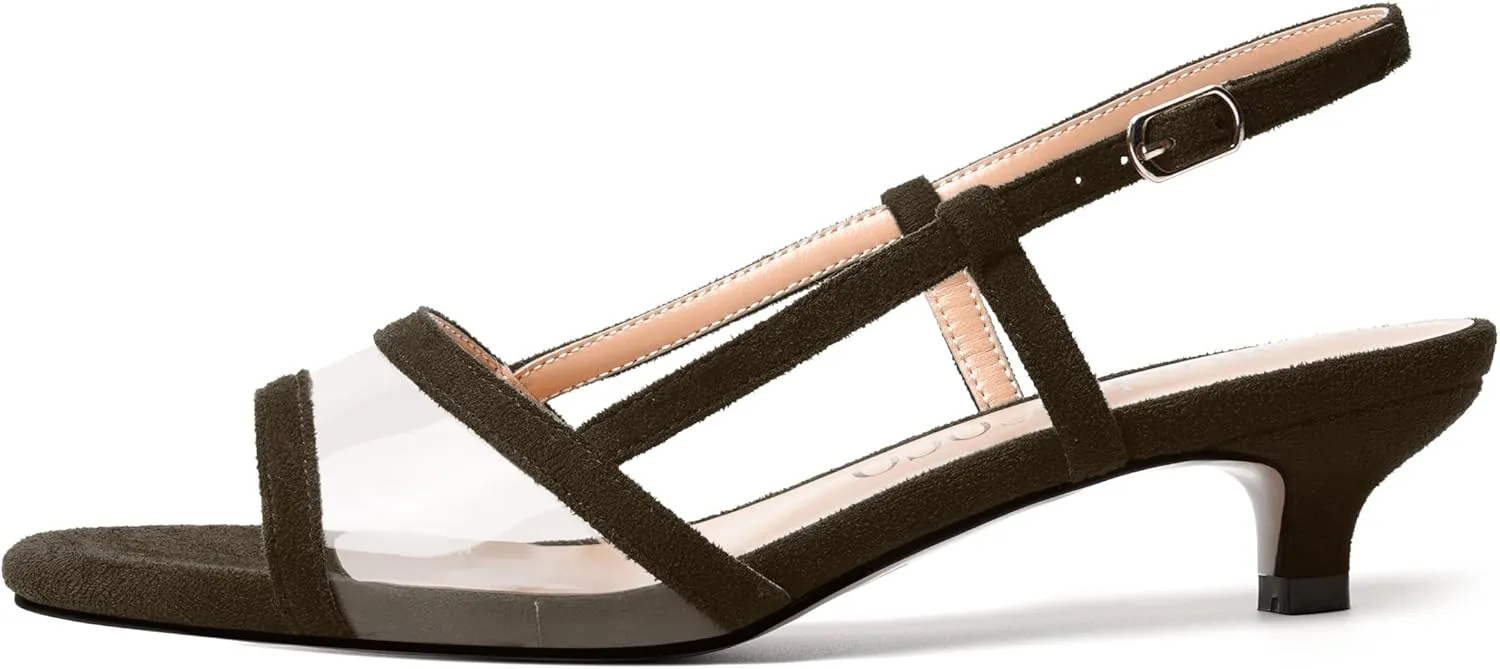 MODENCOCO Womens Suede Dating Dress Slingback Clear Buckle Open Toe Comfortable Kitten Low Heel Heeled Sandals 1.5 Inch