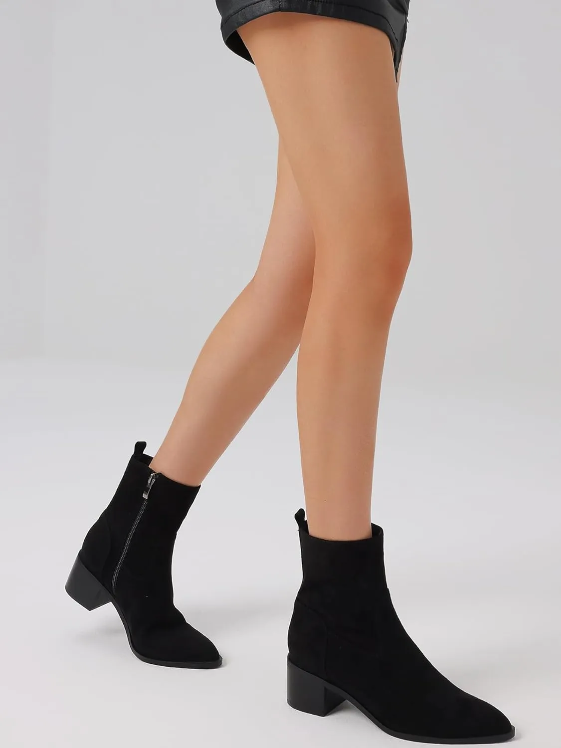 Oiamenne Women's Ankle Boots Pointed Toe Low Chunky Heel Ankle Booties Side Zipper Short Boots