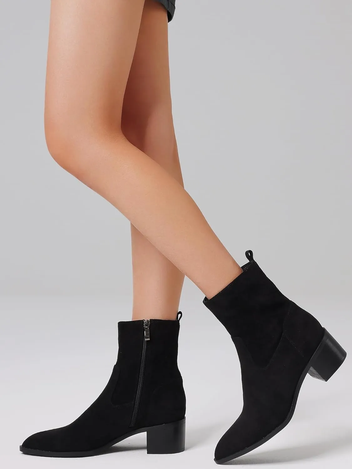 Oiamenne Women's Ankle Boots Pointed Toe Low Chunky Heel Ankle Booties Side Zipper Short Boots
