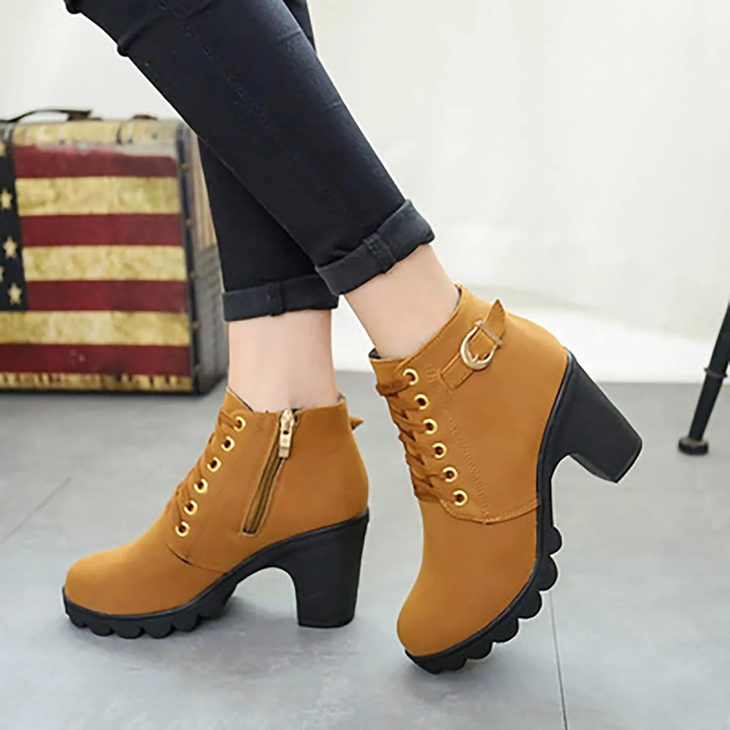 oiangi Womens Thick Heel Ankle Boots Fashion Lace Up Metal Buckle Round Toe Side Zipper High Heel Booties Winter Comfy Warm Ladies Leather Boots Shoes