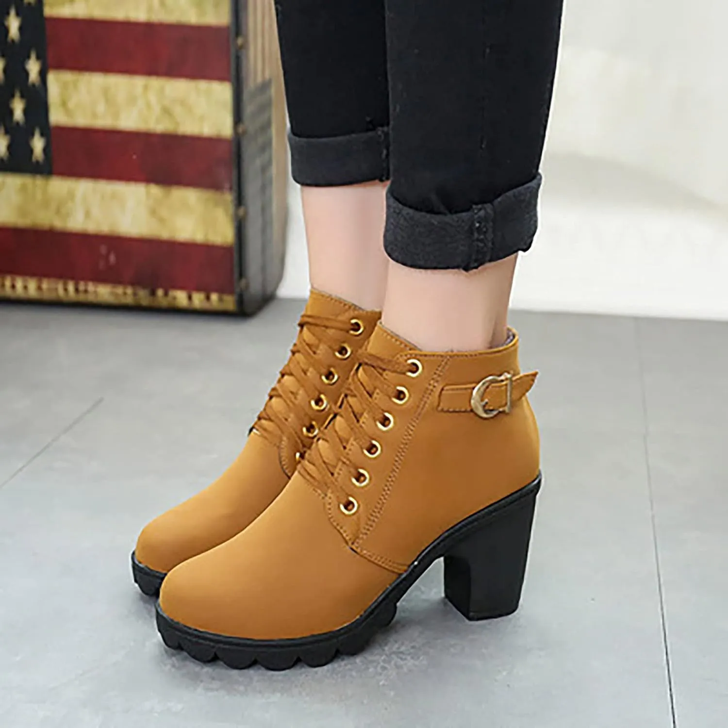 oiangi Womens Thick Heel Ankle Boots Fashion Lace Up Metal Buckle Round Toe Side Zipper High Heel Booties Winter Comfy Warm Ladies Leather Boots Shoes