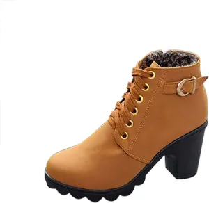 oiangi Womens Thick Heel Ankle Boots Fashion Lace Up Metal Buckle Round Toe Side Zipper High Heel Booties Winter Comfy Warm Ladies Leather Boots Shoes