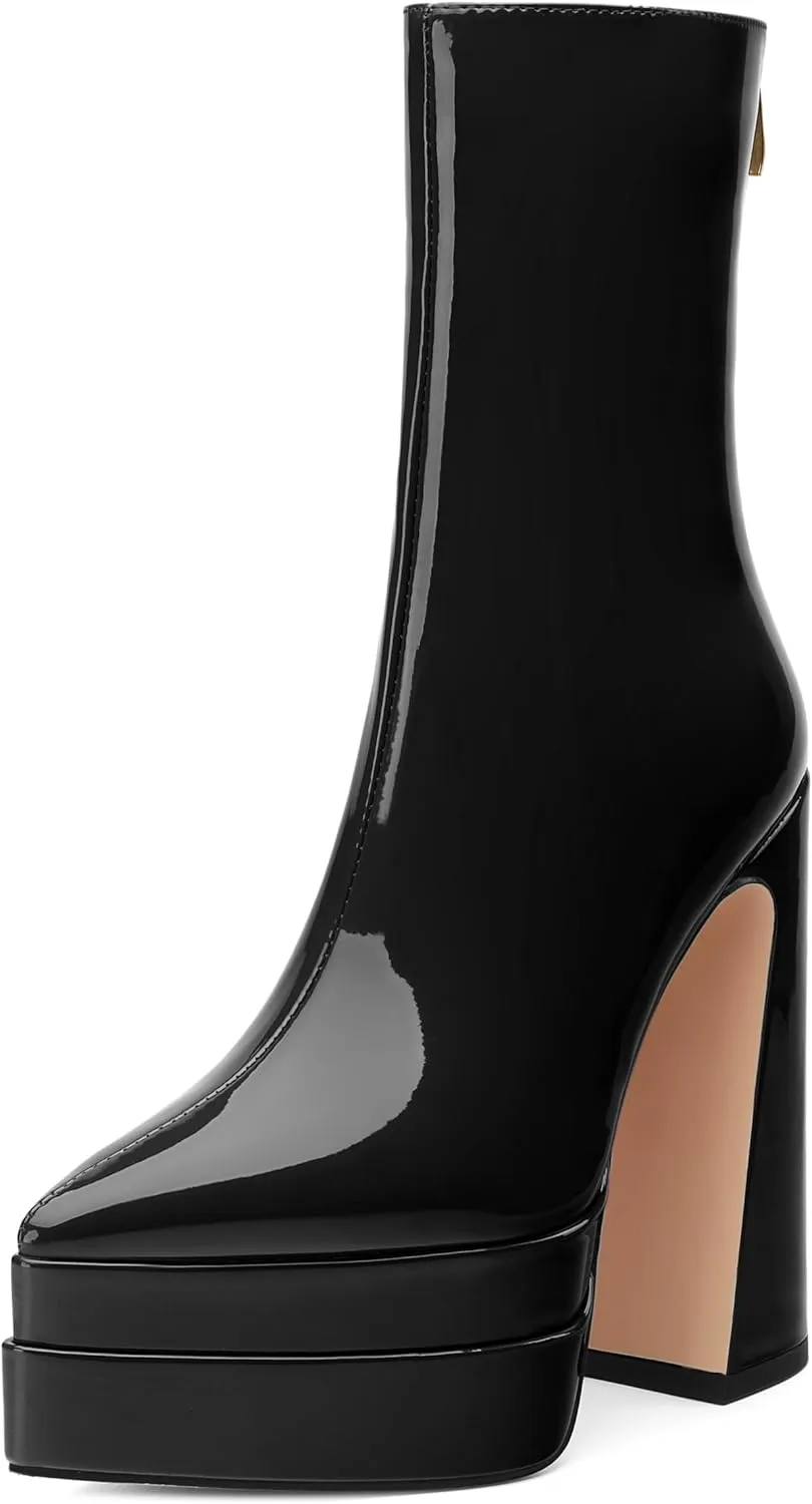 Platform Mid Calf Boots for Women Chunky High Heel Pointed Toe Boots Patent Side Zipper Short Boots