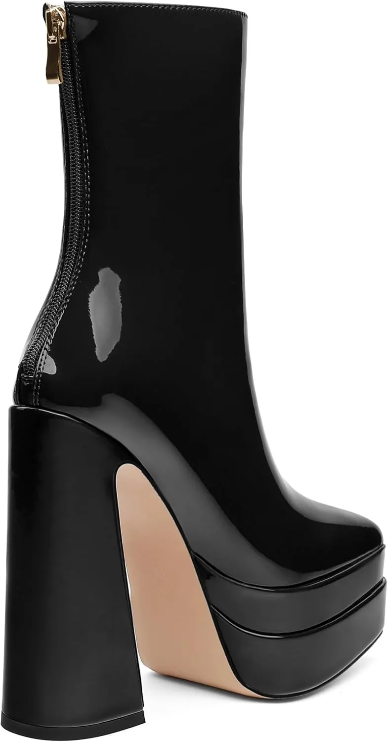 Platform Mid Calf Boots for Women Chunky High Heel Pointed Toe Boots Patent Side Zipper Short Boots