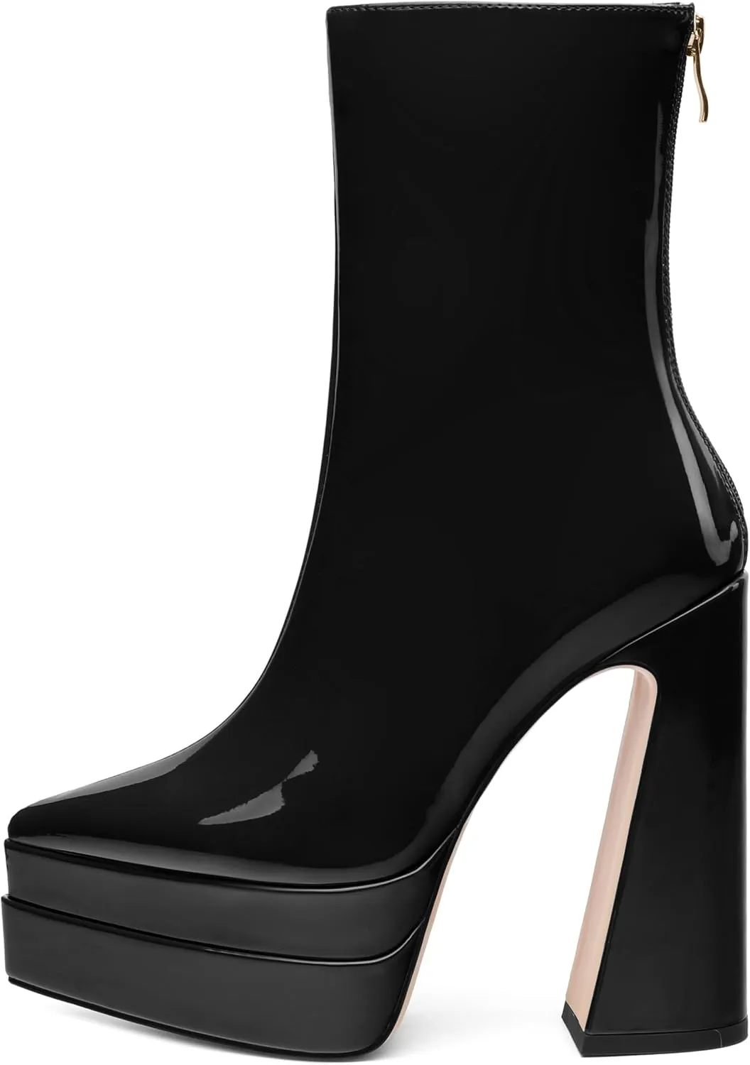 Platform Mid Calf Boots for Women Chunky High Heel Pointed Toe Boots Patent Side Zipper Short Boots
