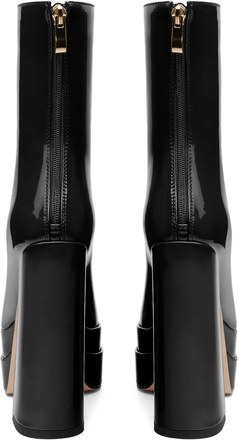 Platform Mid Calf Boots for Women Chunky High Heel Pointed Toe Boots Patent Side Zipper Short Boots