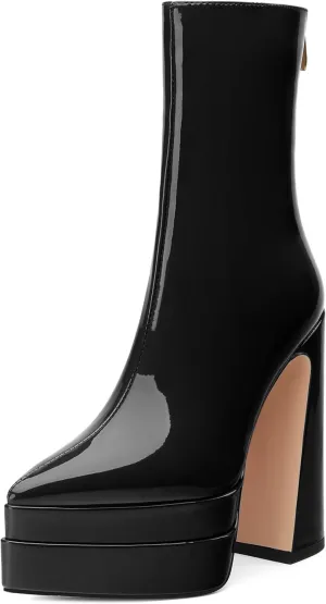 Platform Mid Calf Boots for Women Chunky High Heel Pointed Toe Boots Patent Side Zipper Short Boots