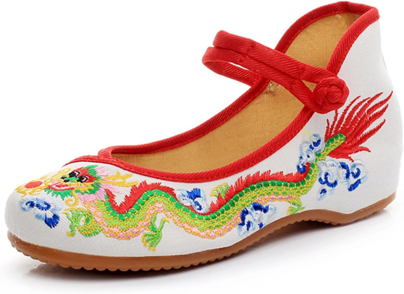 Qhome Womens Chinese Traditional Dragon Embroidery Flats Cheongsam Walking Mary Jane Shoes