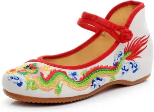 Qhome Womens Chinese Traditional Dragon Embroidery Flats Cheongsam Walking Mary Jane Shoes