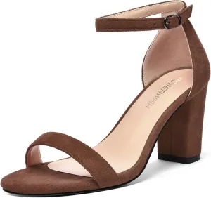 ROSERWISH Womens Dress Buckle Round Toe Suede Dating Ankle Strap Fashion Block High Heel Heeled Sandals 3.3 Inch